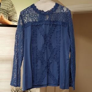 Blouse, blue with lace yoke, size large